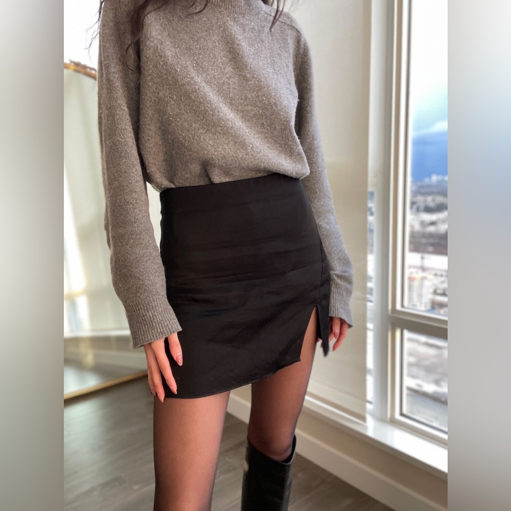 Black satin mini skirt